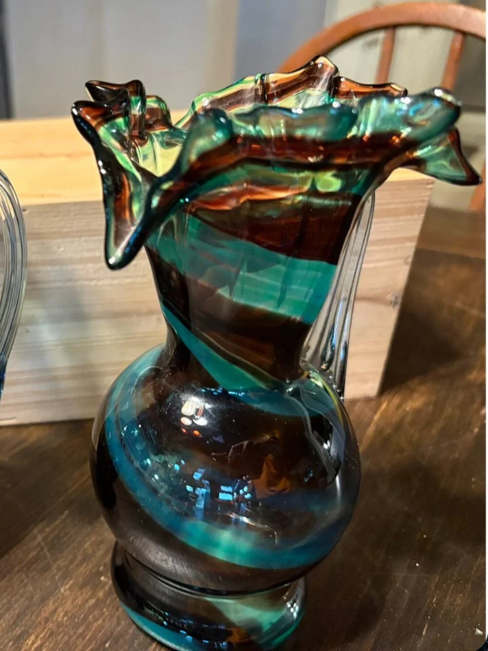 Vintage Pair of Hand-Blown Art Glass Swirl Pitchers